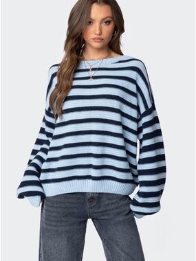 Edikted Light Blue and Navy Striped Crewneck Sweater